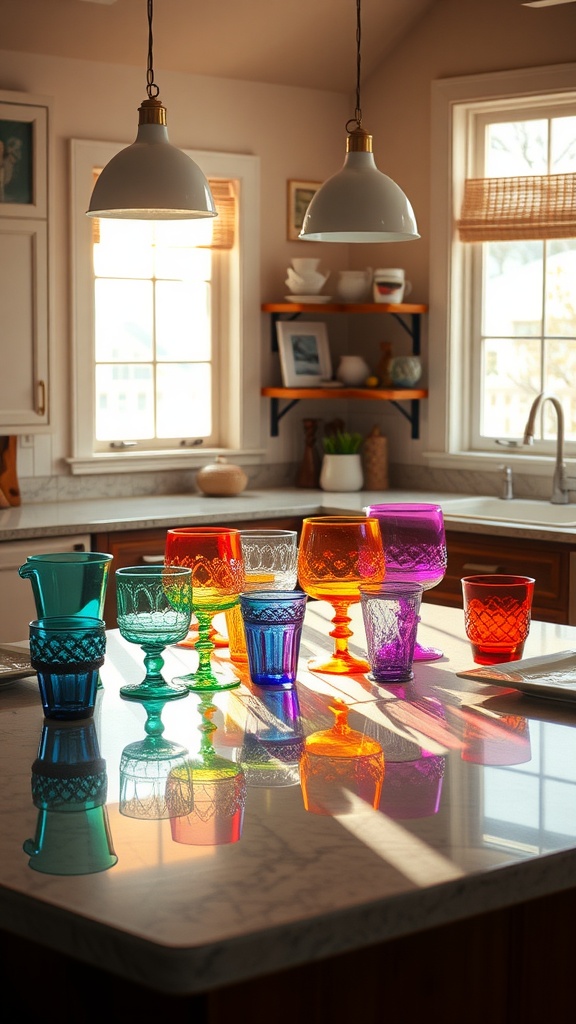 Colorful glassware arranged on a kitchen island reflecting sunlight