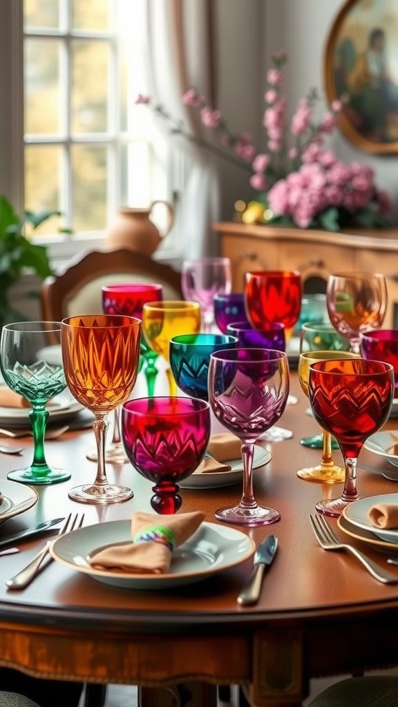 A vibrant display of colorful glassware on a dining table, surrounded by plates and utensils.