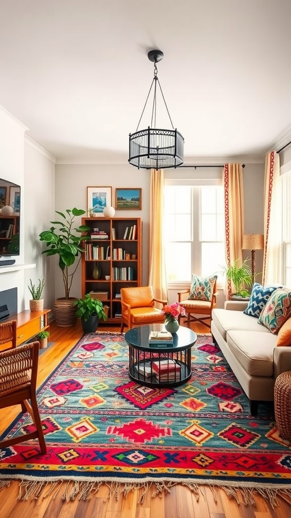 A living room featuring a colorful Kilim rug, tan sofa, and wooden furniture, creating a cozy and inviting atmosphere.