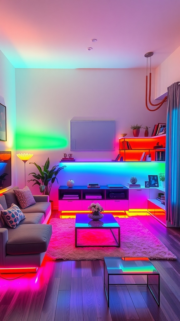 Living room with colorful LED strips along shelves and furniture, creating a vibrant atmosphere.