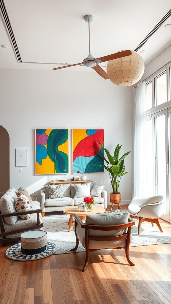 A colorful modern living room with vibrant artwork on the walls, stylish furniture, a ceiling fan, and natural light streaming in through large windows.