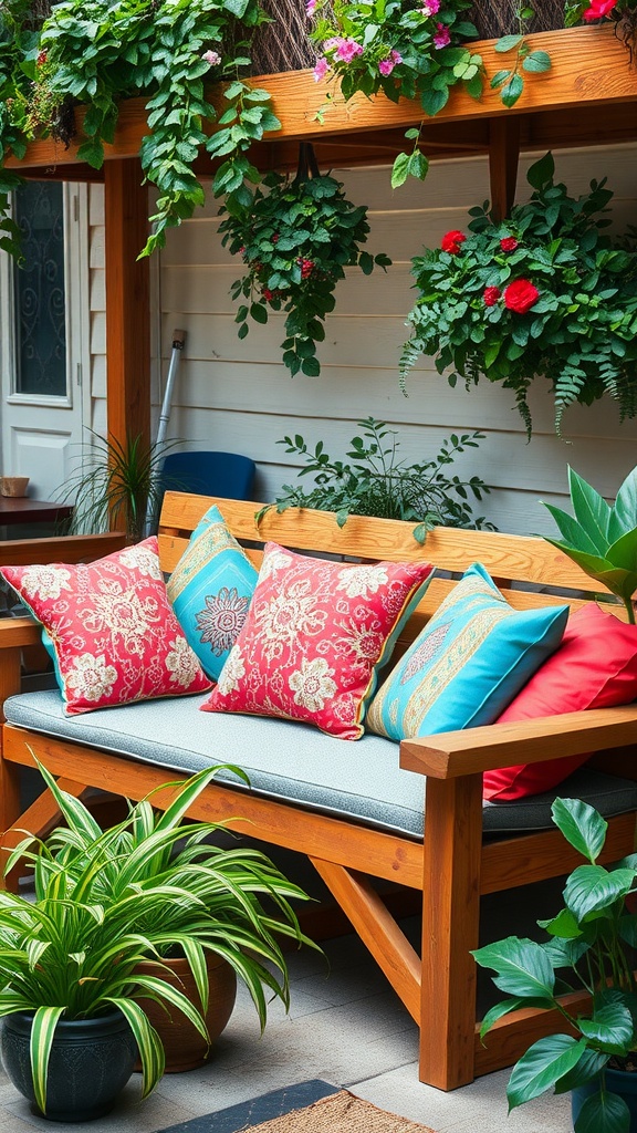 A cozy outdoor living area with a wooden bench decorated with colorful pillows and surrounded by lush plants.