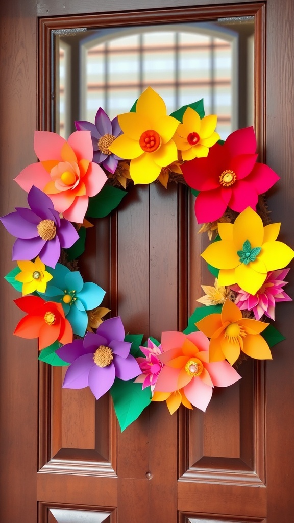 A colorful paper flower wreath featuring various flowers in pink, yellow, red, purple, and green, hanging on a wooden door.