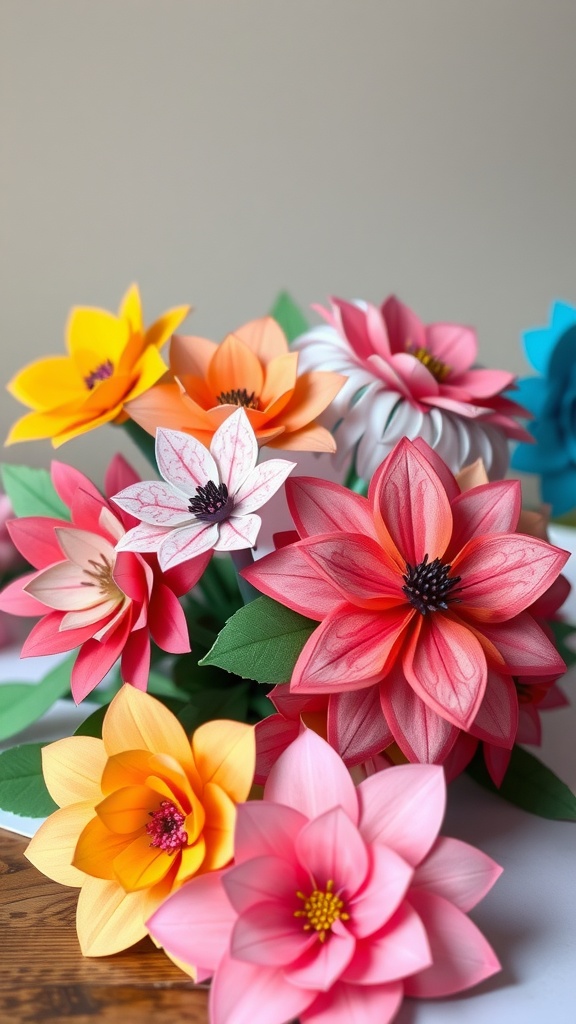 A vibrant assortment of colorful paper flowers in various shapes and sizes.