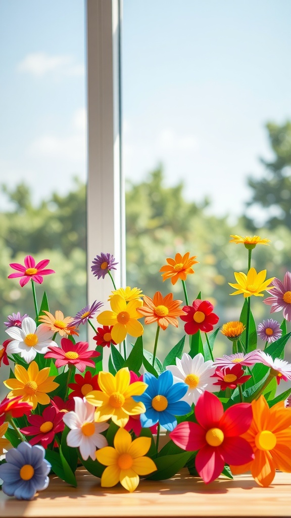 A variety of colorful paper flowers in a sunny window, showcasing creativity and spring vibes.