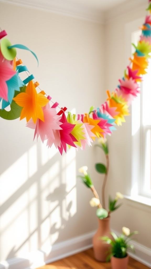 A colorful paper garland hanging in a bright room, featuring flowers and leaves in pink, yellow, and green.