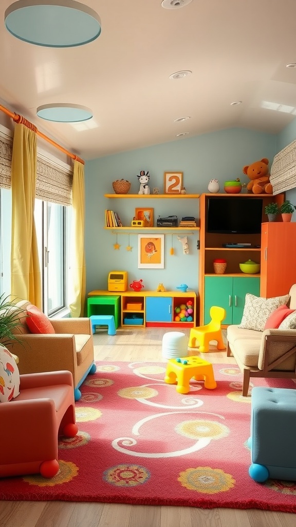 A living room designed as a colorful play area, featuring bright furniture, a patterned rug, and playful decor.