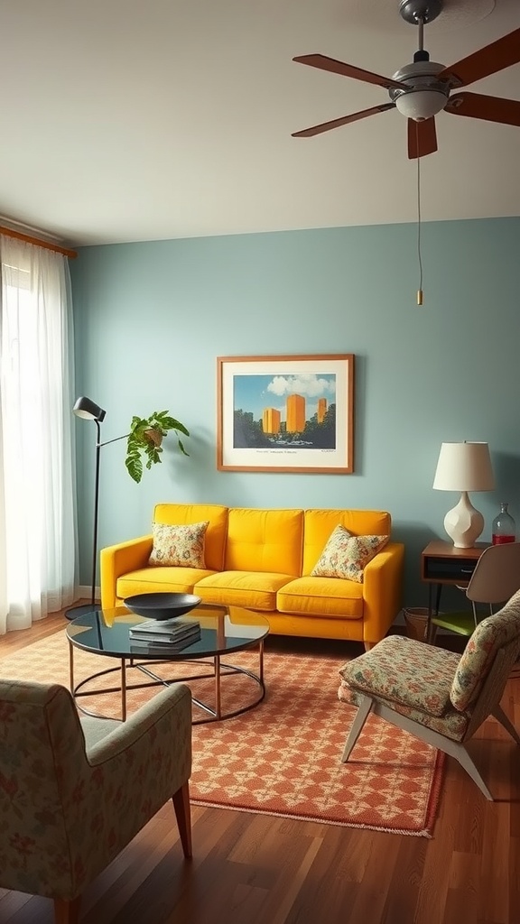 A colorful retro living room featuring a yellow couch, patterned chairs, and a blue wall.