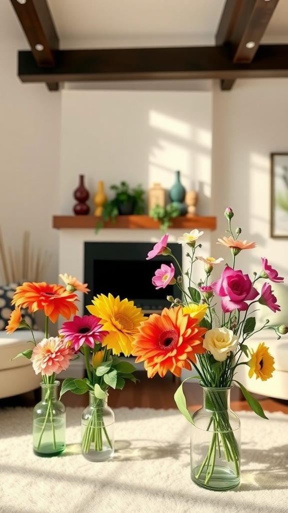 Colorful silk flower arrangements in glass vases on a carpeted floor