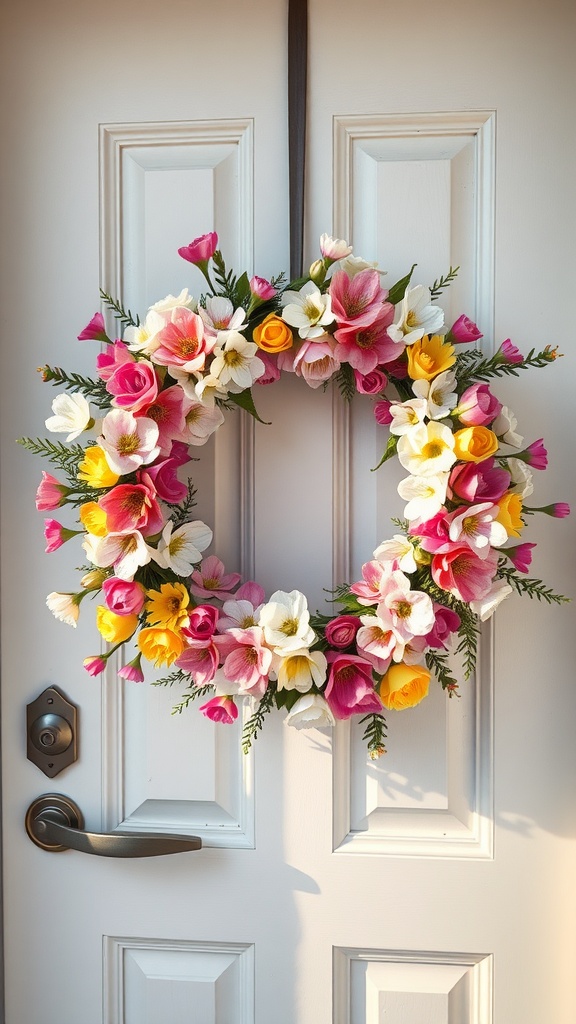 Colorful spring blossom wreath on a white door