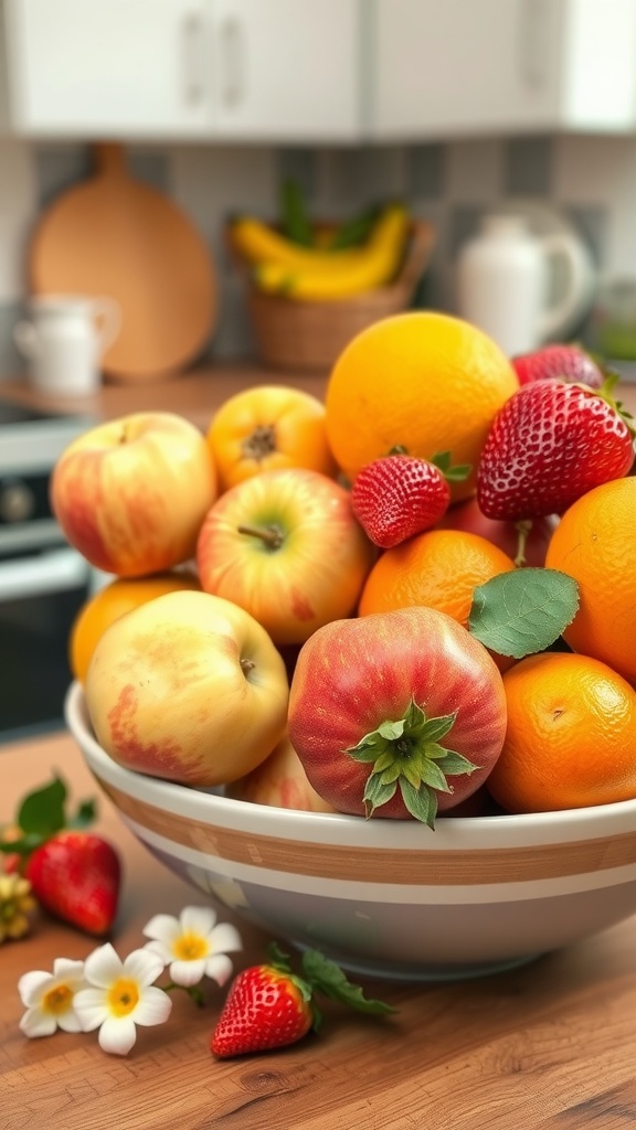 A bowl filled with colorful fruits including apples, oranges, strawberries, and flowers on a kitchen table.