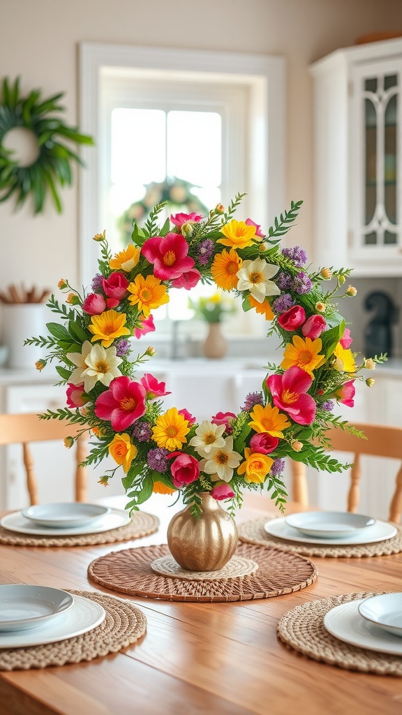 Colorful spring wreath display on a kitchen table