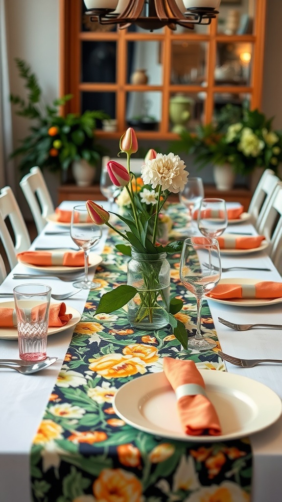 A dinner table decorated with a colorful floral table runner, peach napkins, and fresh flowers in a vase.