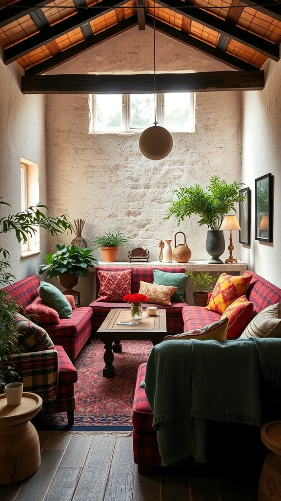 Cozy rustic sunken living room with colorful textiles and plants