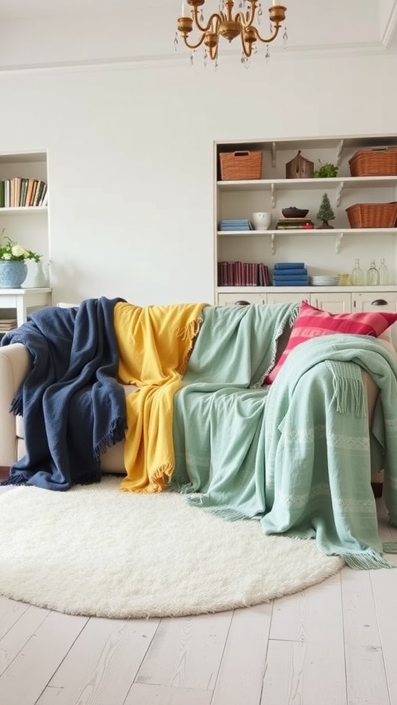 A cozy sofa adorned with colorful throw blankets in shades of yellow, blue, green, and pink, set in a bright living room