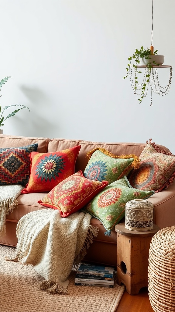 A cozy sofa with colorful throw pillows in a boho industrial living room setting.