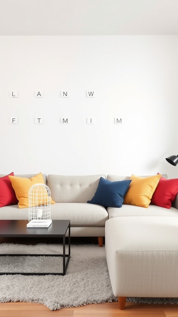 A modern living room with a beige sectional sofa adorned with colorful throw pillows in red, blue, and yellow, complemented by a black coffee table and a soft rug.