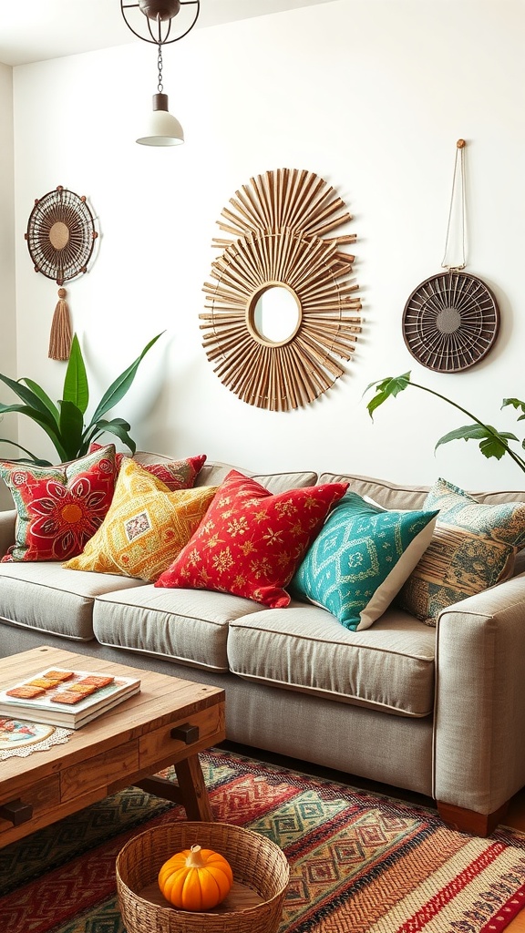 A cozy living room with a sofa decorated with colorful throw pillows, a wooden coffee table, and boho-style wall decor.