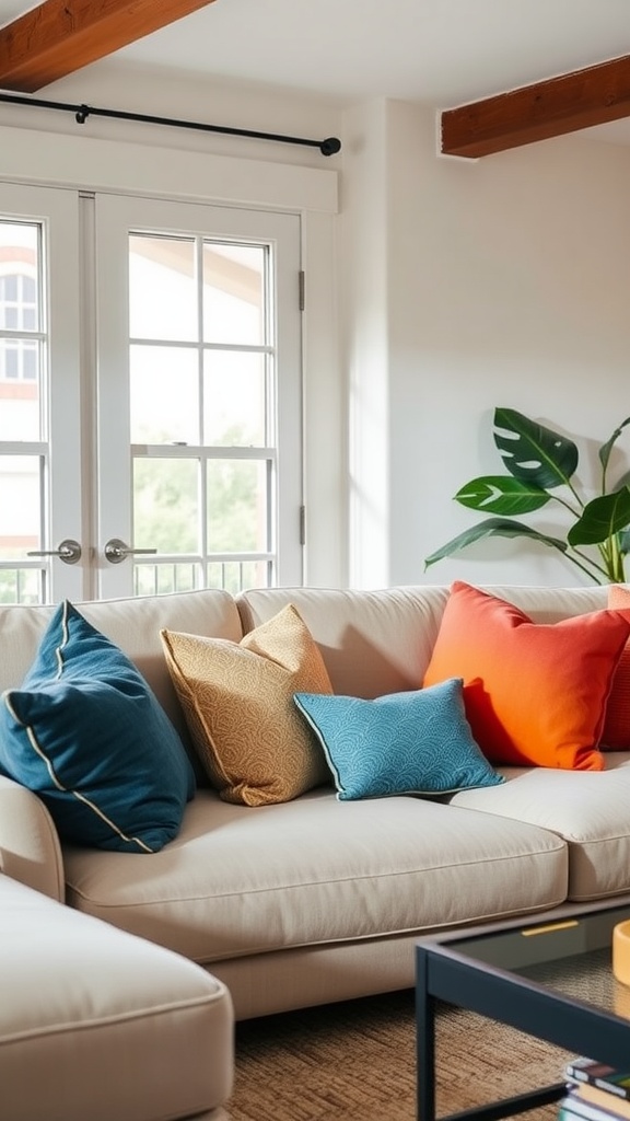 A cozy living room sofa with colorful throw pillows in blue, orange, and yellow.