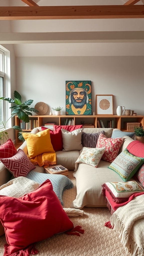 A cozy living room with a variety of colorful throw pillows and blankets on a light-colored sofa