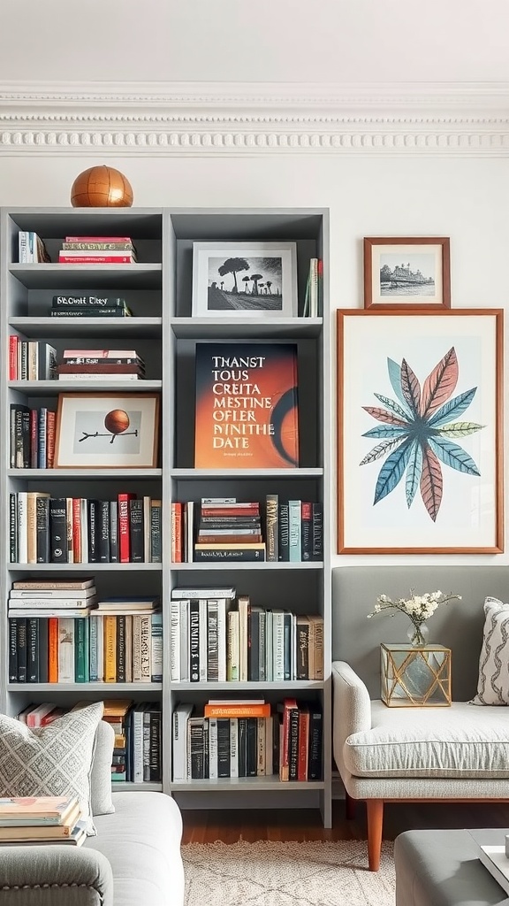 A living room bookshelf combining books and art with a cozy chair and decorative elements.