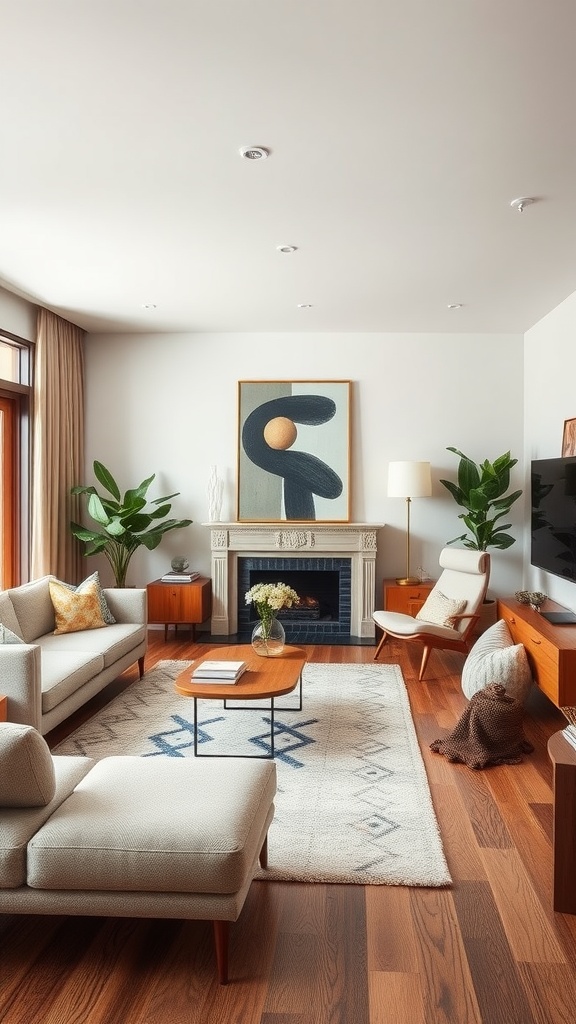 A stylish living room featuring midcentury modern furniture with contemporary accents.