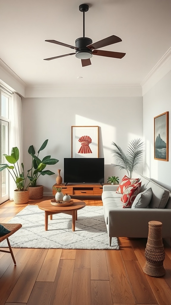 A minimalist bohemian living room featuring a light gray sofa, wooden furniture, plants, and decorative elements.