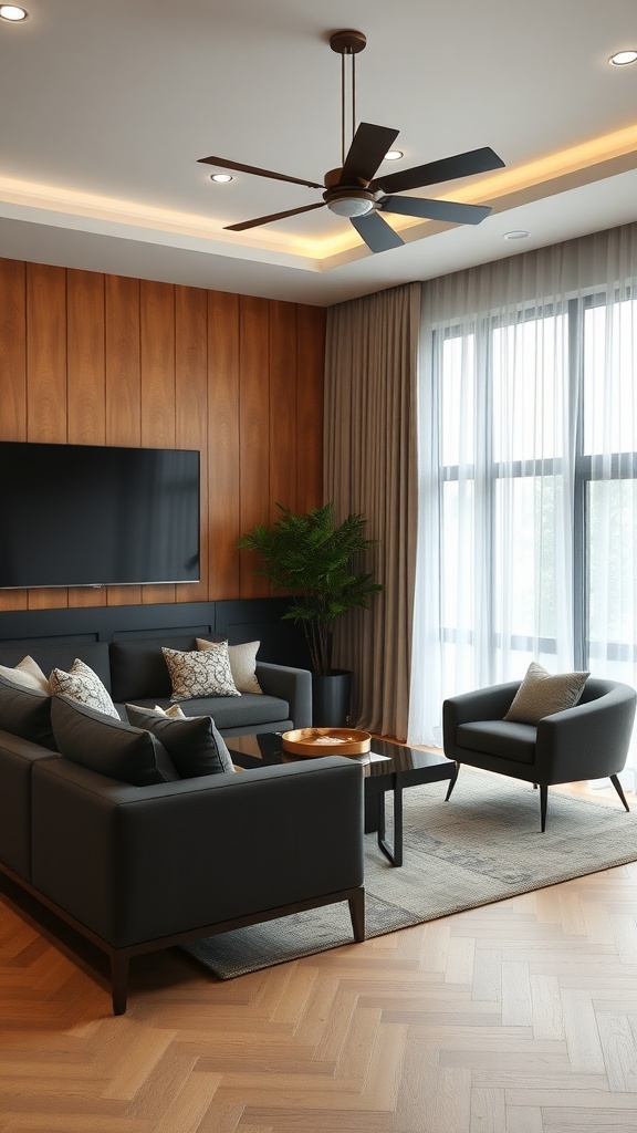 A modern living room with dark furniture, wooden paneling, and natural light.