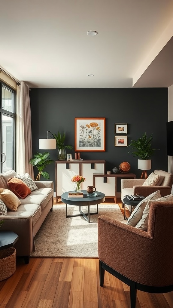 A cozy modern boho living room featuring a plush sofa, textured armchairs, round coffee table, and indoor plants.