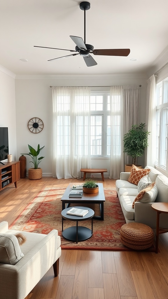 A cozy living room with a sofa, armchair, coffee table, and plants in a bright space