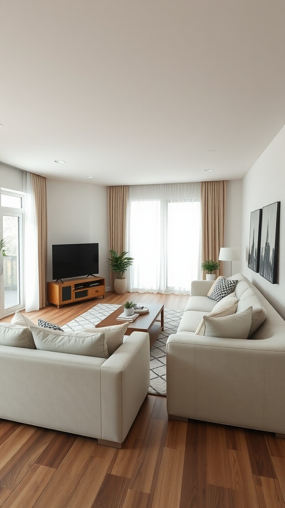 Cozy living room with light-colored sofas, wooden floor, large windows, and plants.