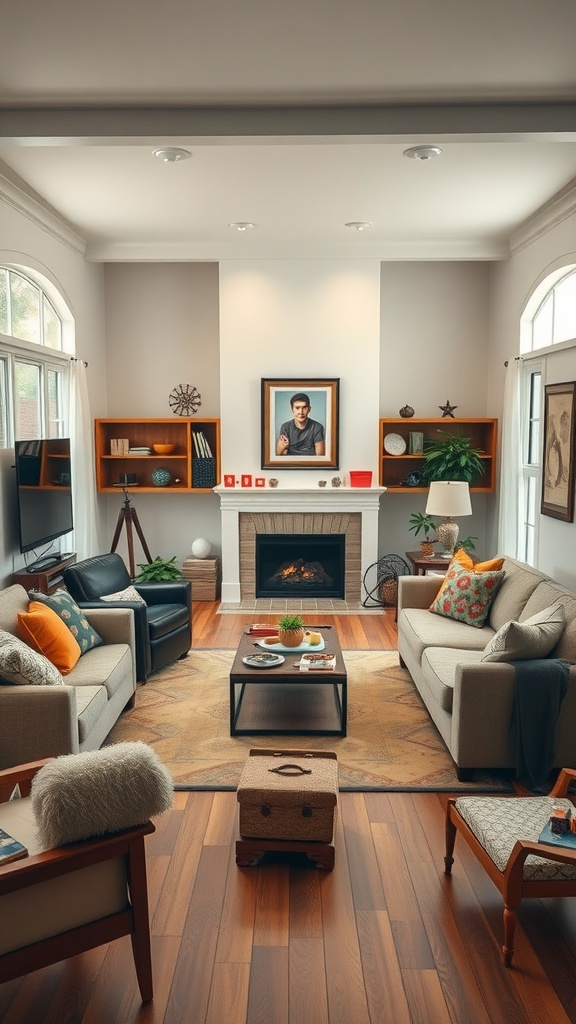 A cozy living room with two sofas, a coffee table, and a fireplace, ideal for family gatherings.