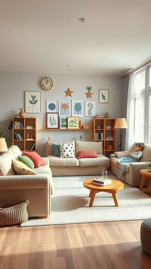 A cozy family living room featuring beige sofas, colorful cushions, wooden furniture, and cheerful wall art.