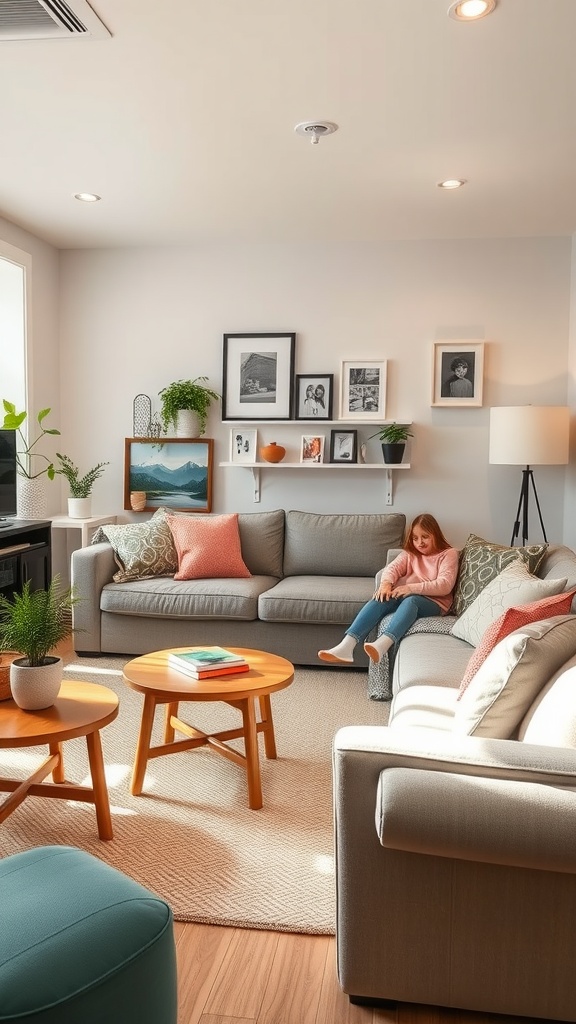 A cozy living room with gray sofas, colorful cushions, and family photos on the wall