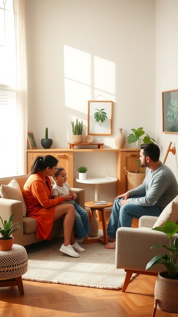 A cozy family living room with a mother, daughter, and father sitting together, surrounded by plants and warm decor.