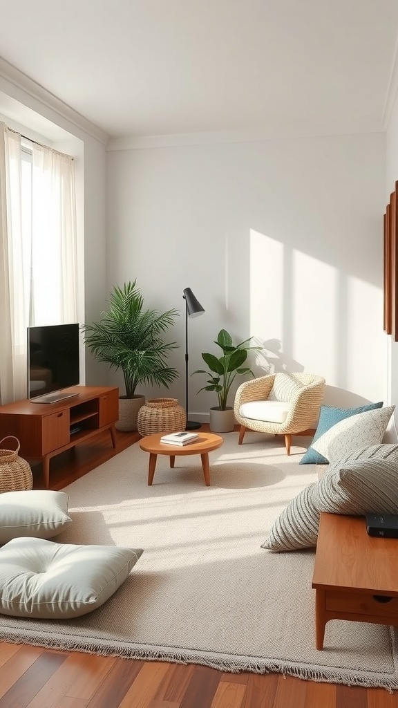 A small living room featuring floor cushions, a rug, a light lamp, and plants.