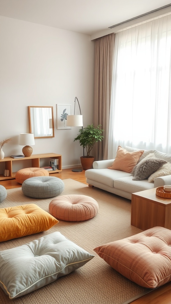 A cozy living room with colorful floor cushions and a comfortable sofa.