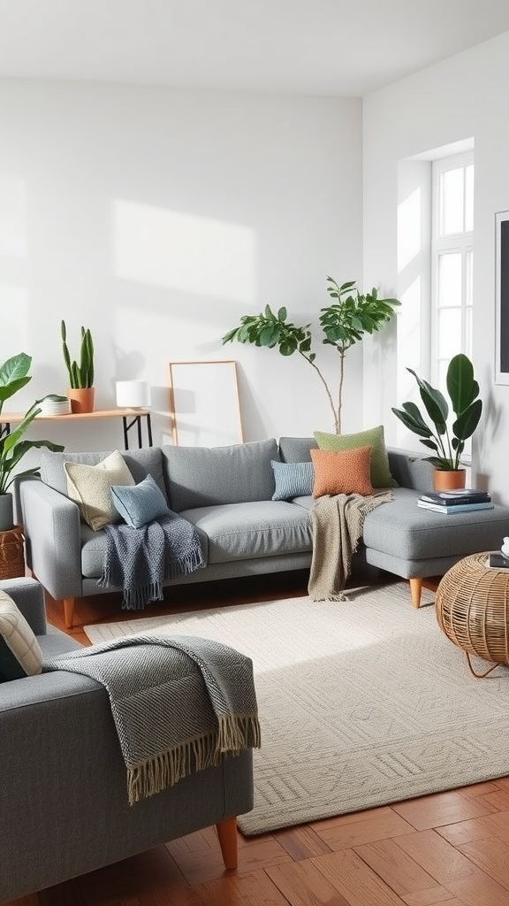 Cozy gray lounge area with comfortable sofas, colorful pillows, and potted plants.