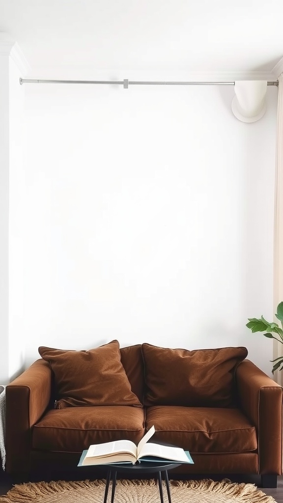 Cozy living room nook with brown cushions on a couch and an open book on a small table