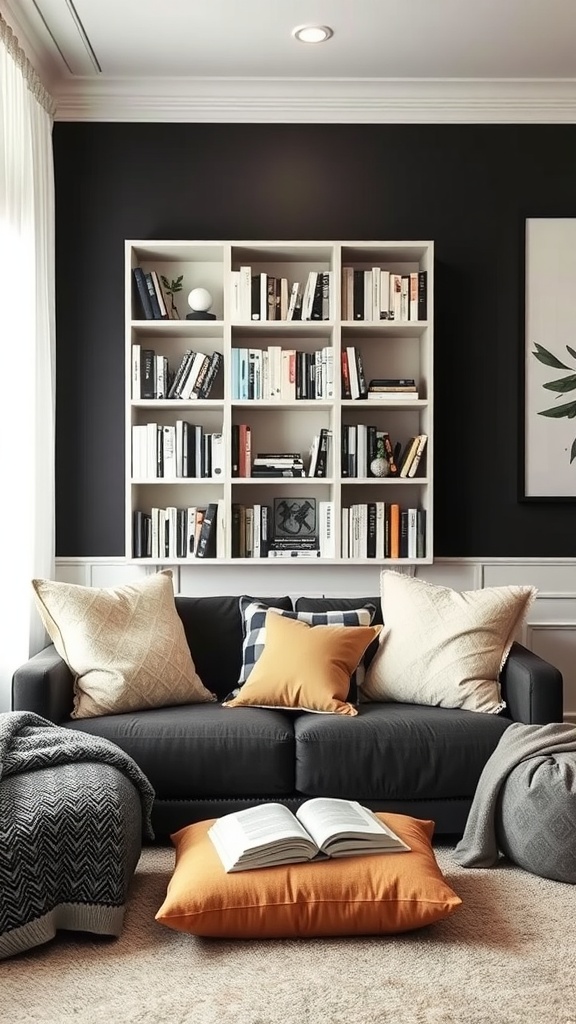 Cozy living room nook featuring a black sofa with decorative pillows, a bookshelf, and a warm area rug.