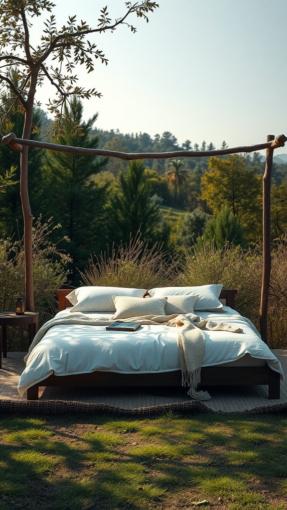 A cozy outdoor bed setup surrounded by greenery, featuring soft bedding and a rustic wooden frame.