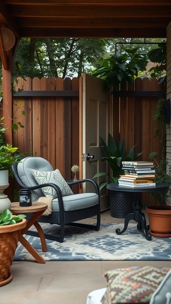 A cozy outdoor reading nook featuring a comfortable chair, a small table with books, and lush greenery.