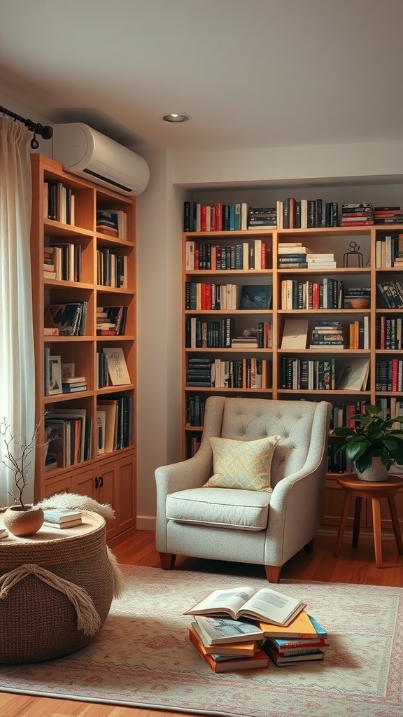 Cozy reading nook with a comfortable armchair, bookshelves filled with books, and a small side table.