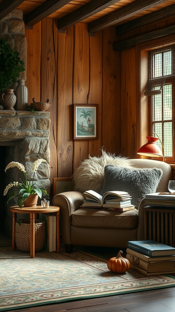 Cozy reading nook with a leather chair, books, and warm wood paneling