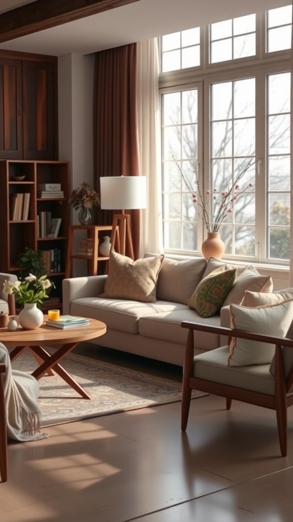 A modern rustic living room with a light-colored sofa, wooden chairs, and a round coffee table.