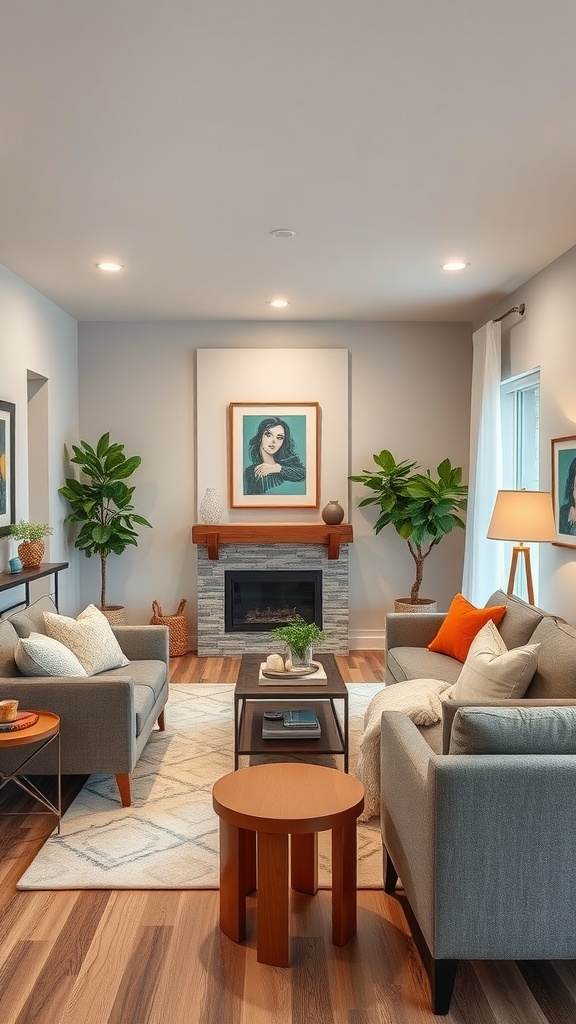 A cozy mid-century boho living room featuring gray sofas, colorful pillows, a wooden coffee table, and indoor plants.