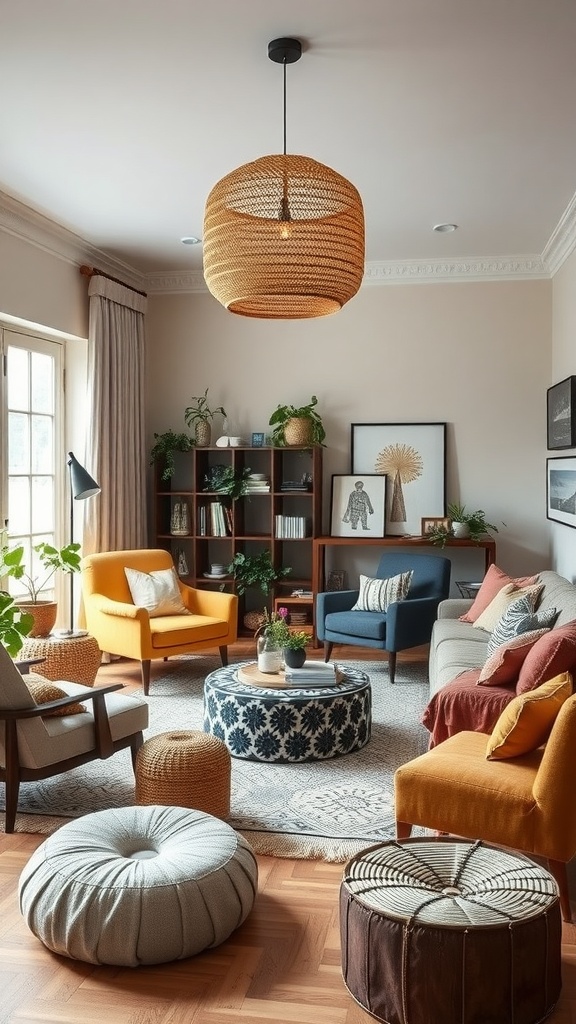 A cozy modern boho living room featuring colorful seating, a round coffee table, and plants.