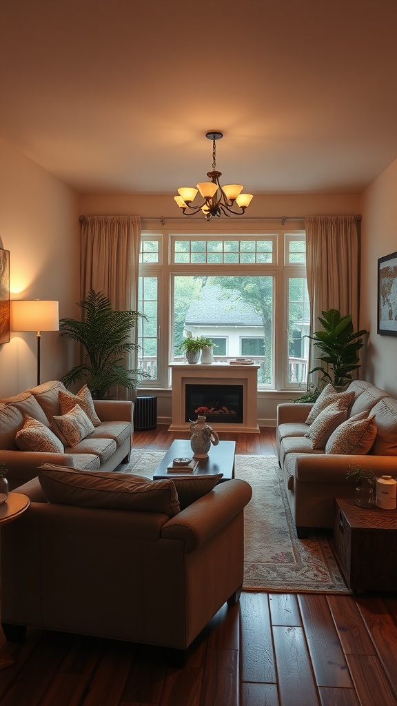 A cozy living room with comfortable seating arrangements featuring two sofas and armchairs, warm lighting, and a view of nature outside.