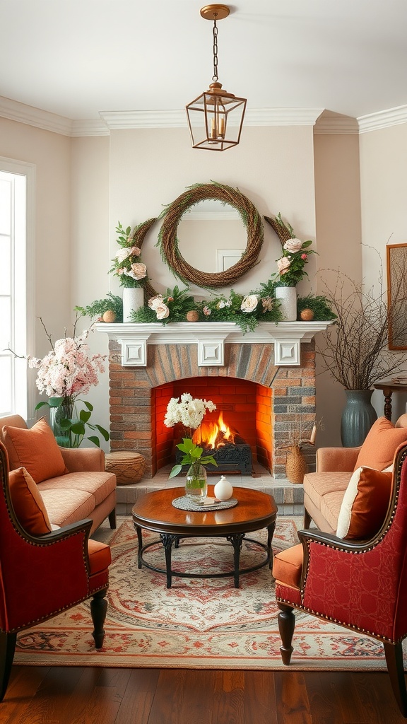 Cozy living room with fireplace, comfortable seating, and spring decor.