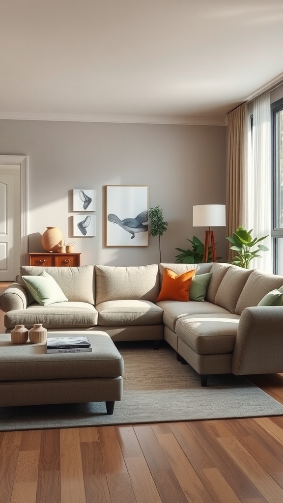 A cozy living room featuring a light beige sectional sofa with colorful pillows, a wooden coffee table, and decorative plants.